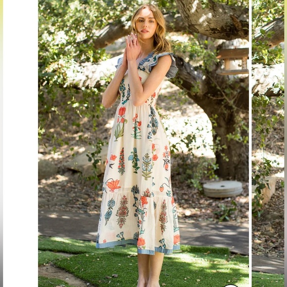 THML block print style floral flutter sleeve smocked midi dress in cream - Picture 5 of 9